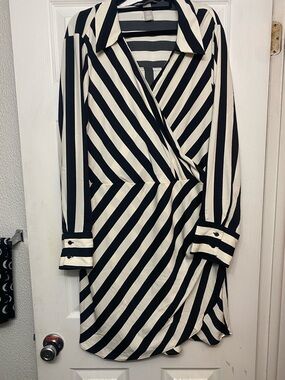H&M Black & White Striped Wrap Shirt Dress